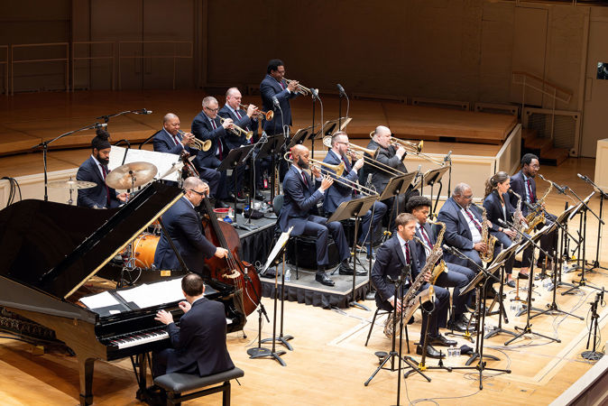 A wide shot of Jazz at Lincoln Center Orchestra with Wynton Marsalis