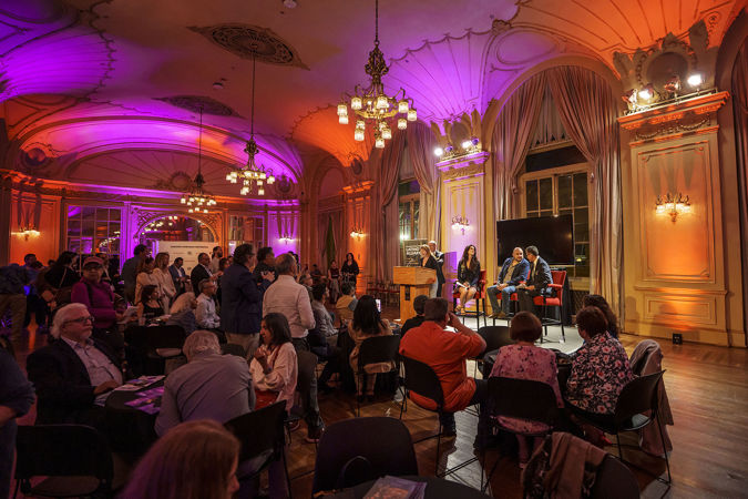 Wide shot of the final CSO Latino Alliance event of the season, which featured a Q&A with CSO principal trumpet Esteban Batallán