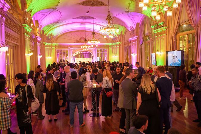 Wide shot of a packed Grainger Ballroom during the first Underground event of the season