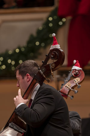 Closeup of mini Santa Claus hats on the basses