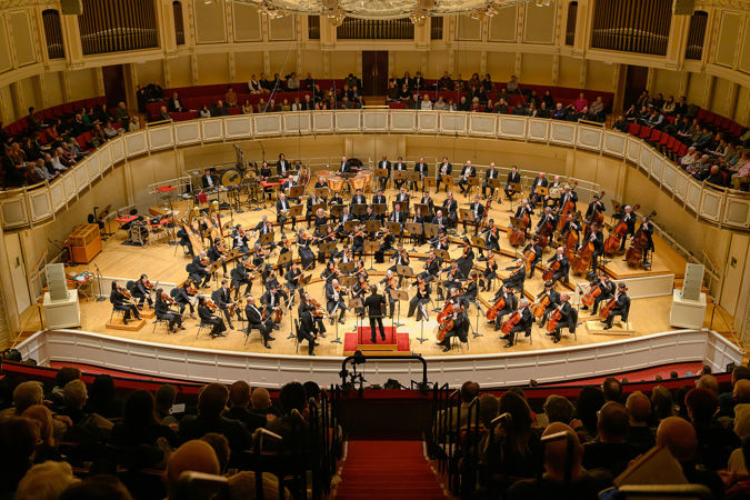point of view: Esa-Pekka Salonen leads the orchestra from above in the balcony