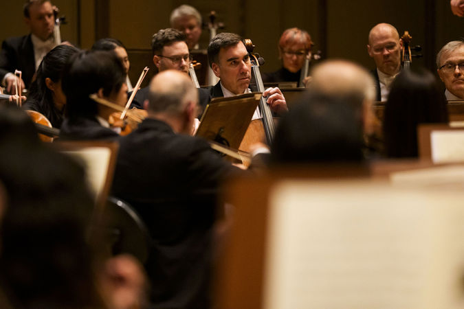 CSO cello Ken Olsen concentrates during the performance of Symphonie fantastique