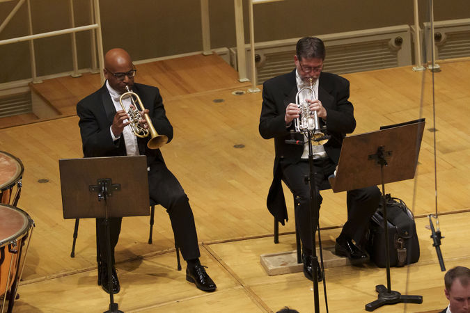 Closeup of CSO trumpets Tage Larson and Mark Ridenour