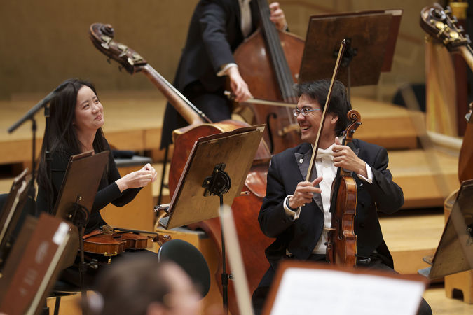all smiles before the concert from violists Weijing Michal and Youming Chen