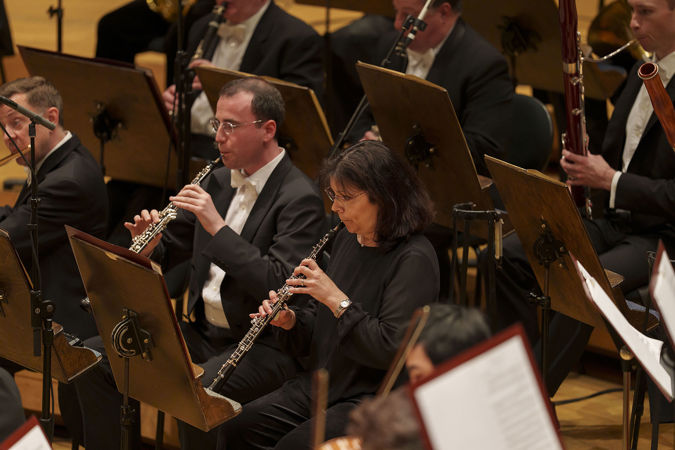 Closeup action shot of CSO oboe William Welter and Lora Schaefer