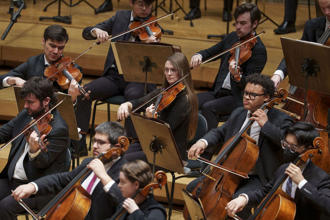 Closeup of the Civic Orchestra of Chicago cello and viola section