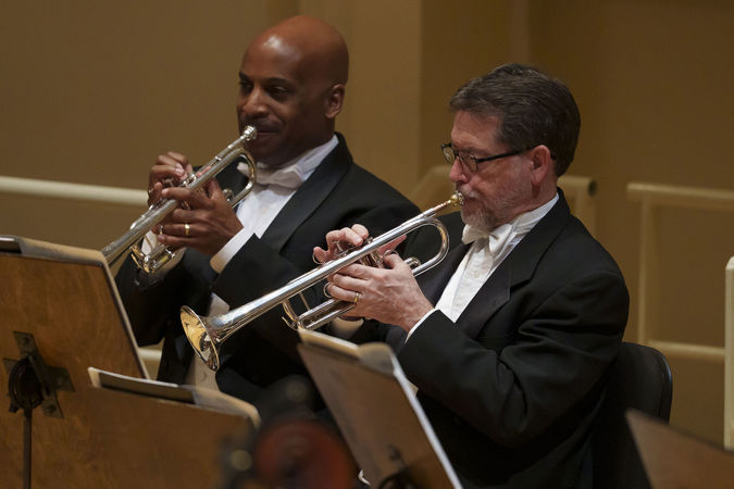 Closeup of CSO trumpet players Tage Larsen and Mark Ridenour